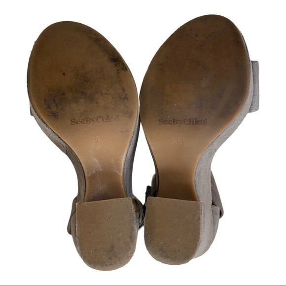 See by Chloe Taupe Suede Platform Chunky Sandals Cuff Ankles Platform Wedges 6 - Picture 9 of 10